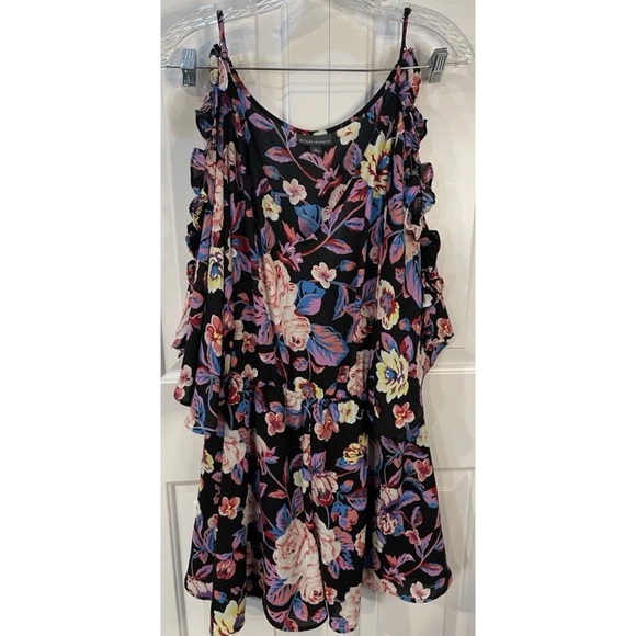 BOLD elements Pants - Bold Elements Colorful Floral Romper Size L Ruffled Cold Shoulder V-neck
